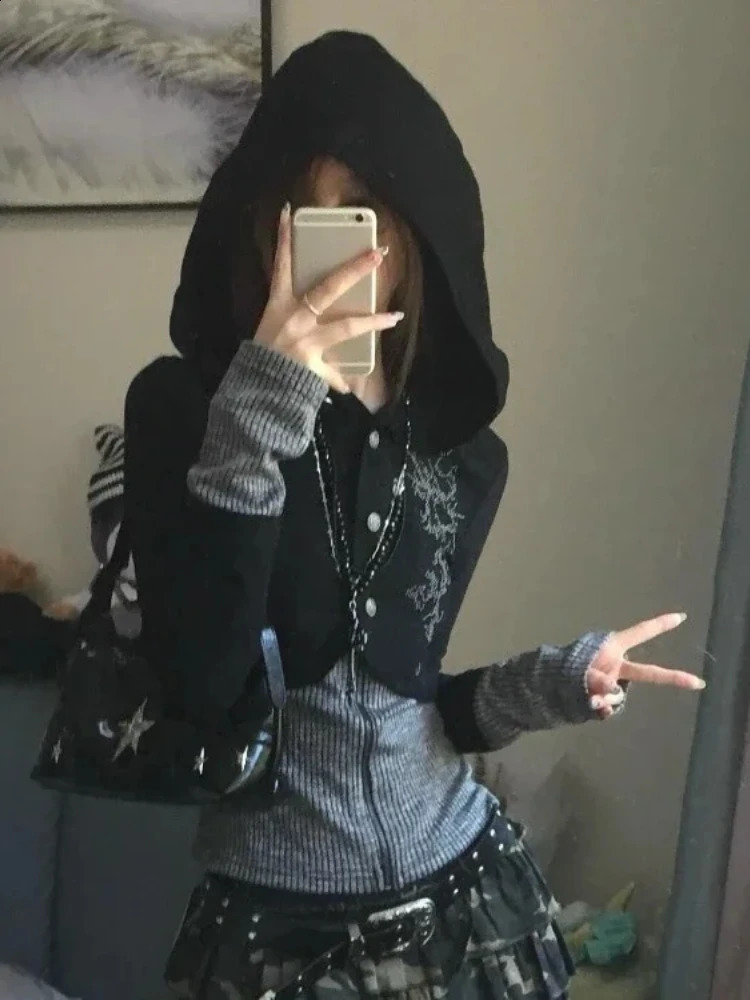 Automne Punk Vintage Patchwork Pulls à sweat à capuche Y2K Slim Fit Long Scorst Trits Mujer Cardigan Coat Sweatshirts 250815