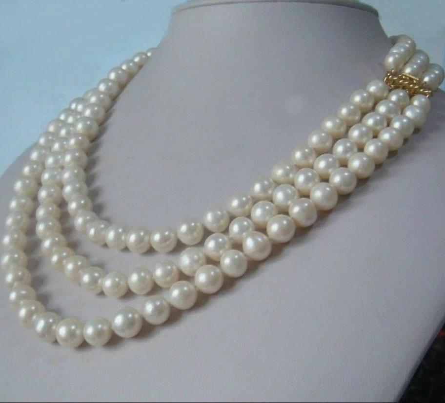 3 row strands natural 9-10mm akoya white pearl necklace 18"20"22" 14K gold clasp