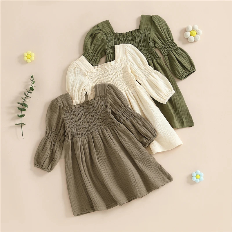 Autumn Fashion Toddler Girl Bubble Sleeve Dress Stylish Solid Smocked Square Neck Long Sleeve A Line Dress Kid Girl Dress 250815