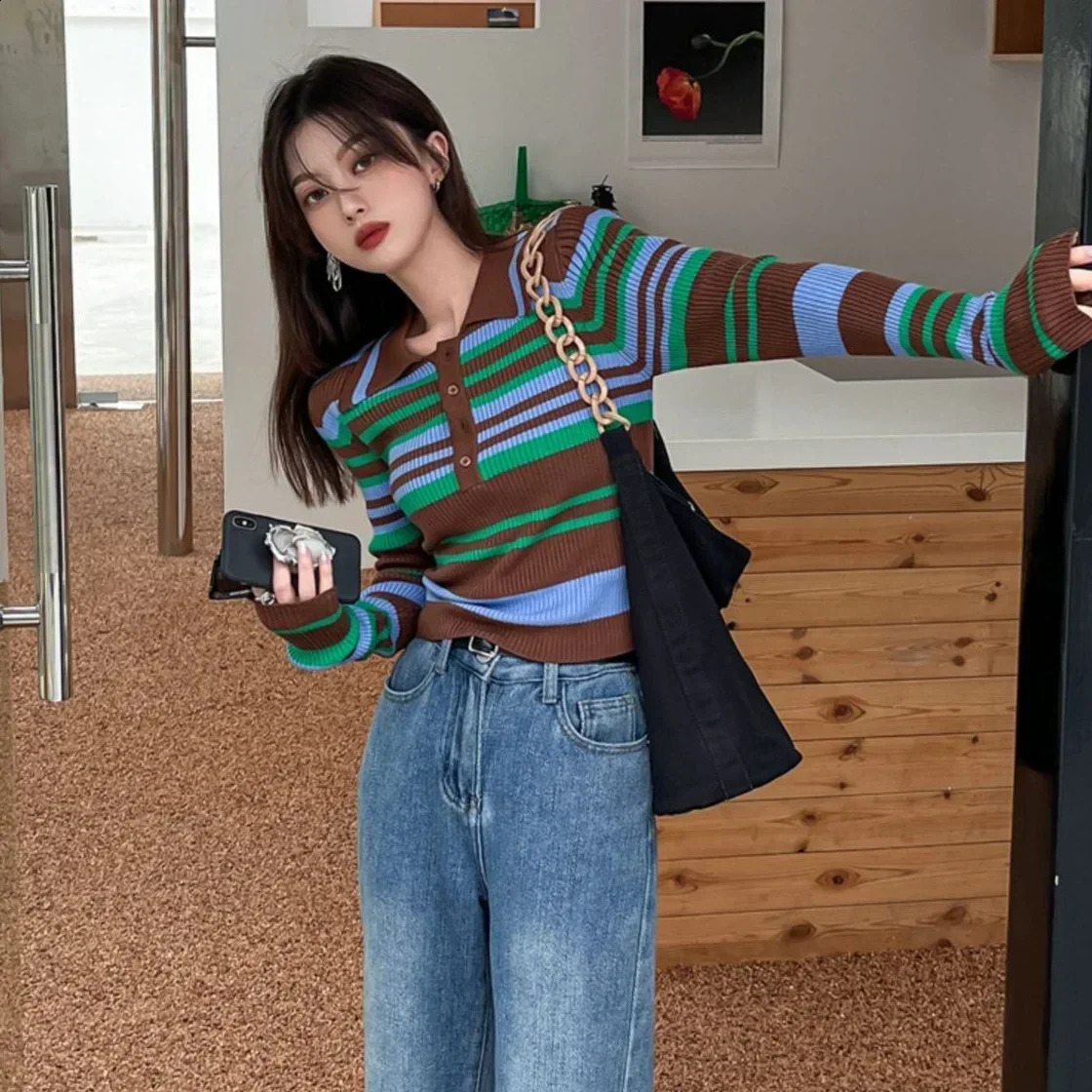 Tshirts Long Sleeve In Trend Female Tee Knitted Korean Clothing Womens Polo On Offer Aesthetic Tops With Collar 250814