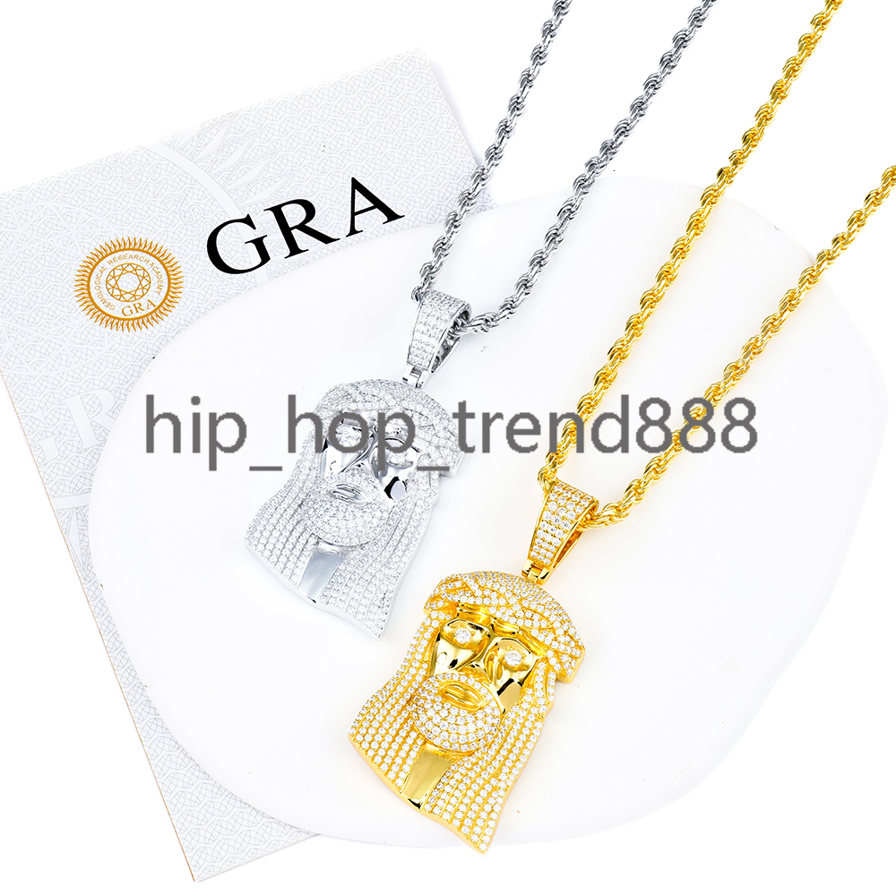 Mens 18k Gold Plated Sterling Silver 925 Bling Jesus Head Piece Pendant Iced Out Mossanite Moissanite and Rope Chain Necklace