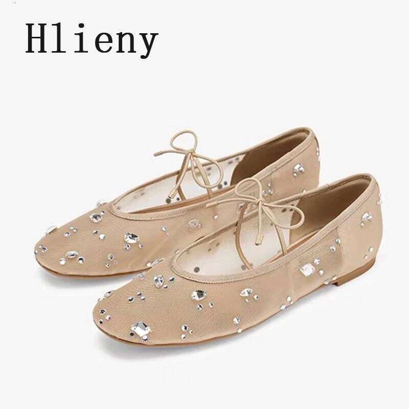 Hlieny Fashion Lace Up Mary Jane Chaussures Femmes Elegant Ballet Flats Crystal Rinestone Mesh Round Boers Logères Mules Sandales
