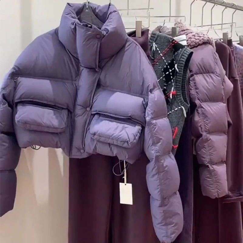 Winter Stand Collar Short Bread Puffer Jacket Women Loose Warm Soft Puff Feeling White Duck Down Cropped Coat 250815
