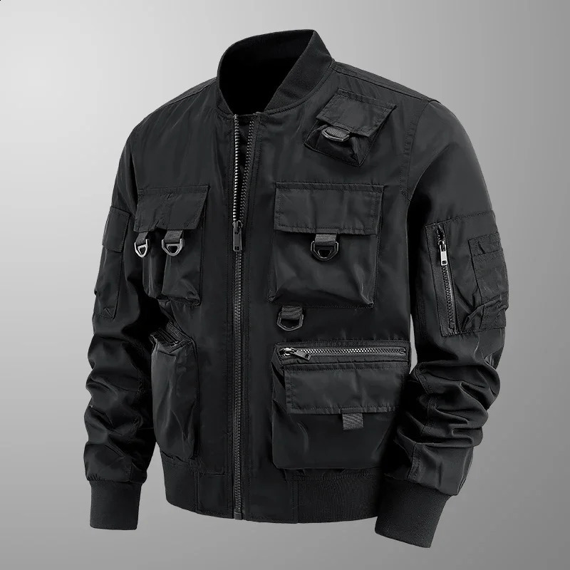 Veste rétro pour hommes Spring / automne couleur solide multi-poche aventure extérieure coulée de travail de travail de baseball pour hommes