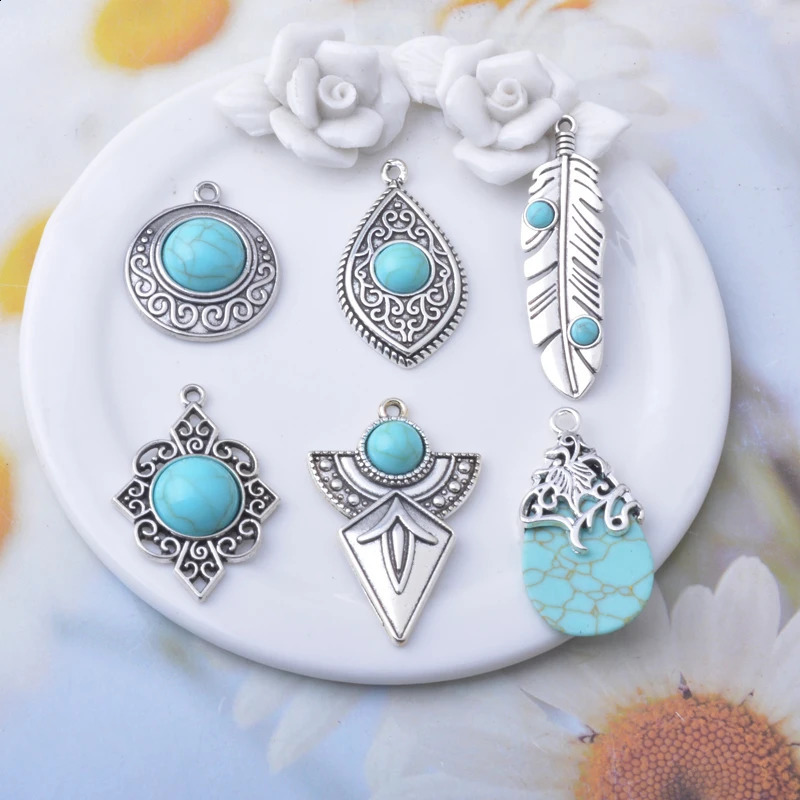 10pcs Antique Couleur en argent alliage turquoise Stone Sun Flower Boucles d'oreilles carrées Charmes bijoux Dreamcatcher Pendants 250813