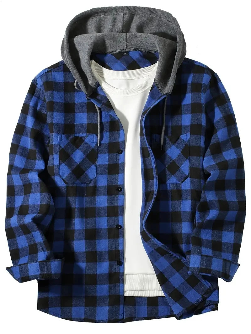 Youth Fashion Street Hooded Plaid Shirt Mens Slim Fit Long Sleeved Shirt Couple Travel Casual Shirt Mens Sports Shirt Jacket 250811