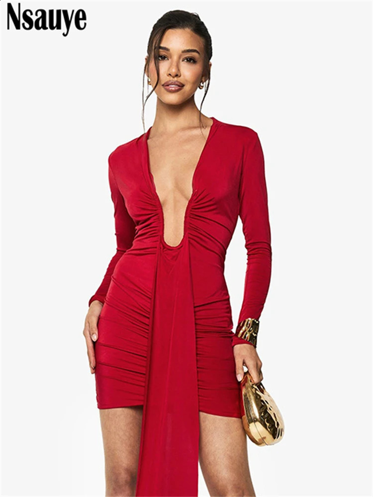 Nsauye Autumn 2025 Sexy Women Low Cut Out V Neck Long Sleeve Dress Mini Bodycon Fashion Party Clubwear Short Elegant Dress 250808