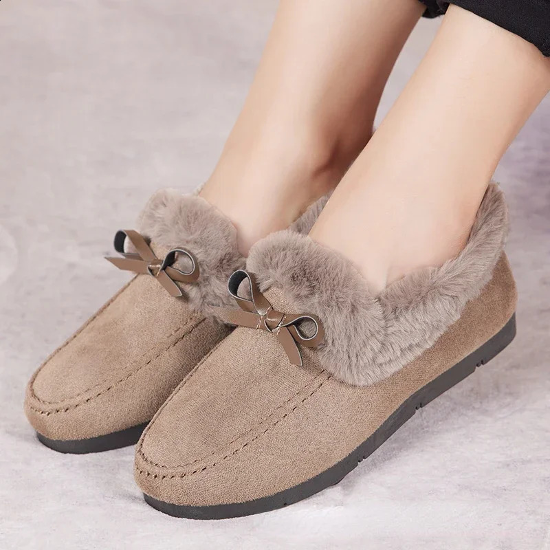 Women Winter Casual Shoes Moccasins Soft Flat Non-slip Loafers Fashion Comfort Warm Plush Bow Slip on Female Cotton Shoes 250811