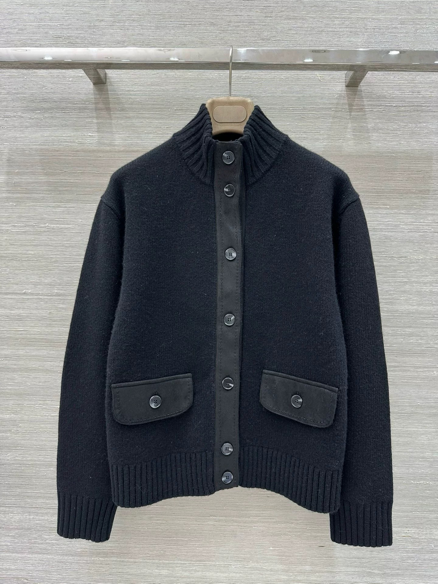 New early autumn l */p-Leather flannel patchwork stand up collar knitted cardigan jacket