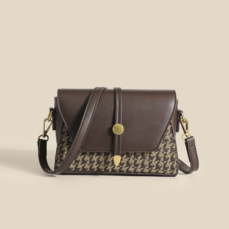 Women's New Autumn Winter Fashion Houndstooth Genuine Leather Underarm Versatile Single Shoulder Crossbody Small Square Bag