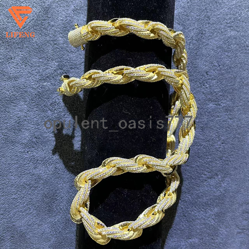 Lifeng Jewelry 9mm Sterling Silver 18k Gold Plated Rope Chain Men Hiphop Moissanite Diamonds Rope Chain Necklace
