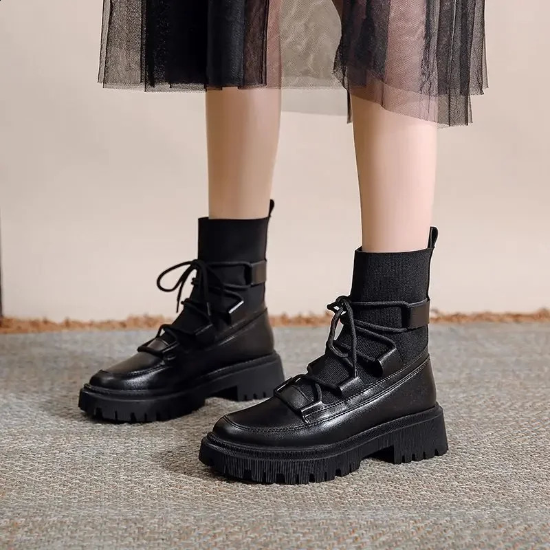 Woman Short Shoes Platform Ankle Boots for Women Chunky Elastic Booties with Laces Black Lace-up Sale Fashion Goth Trend Pu 250814