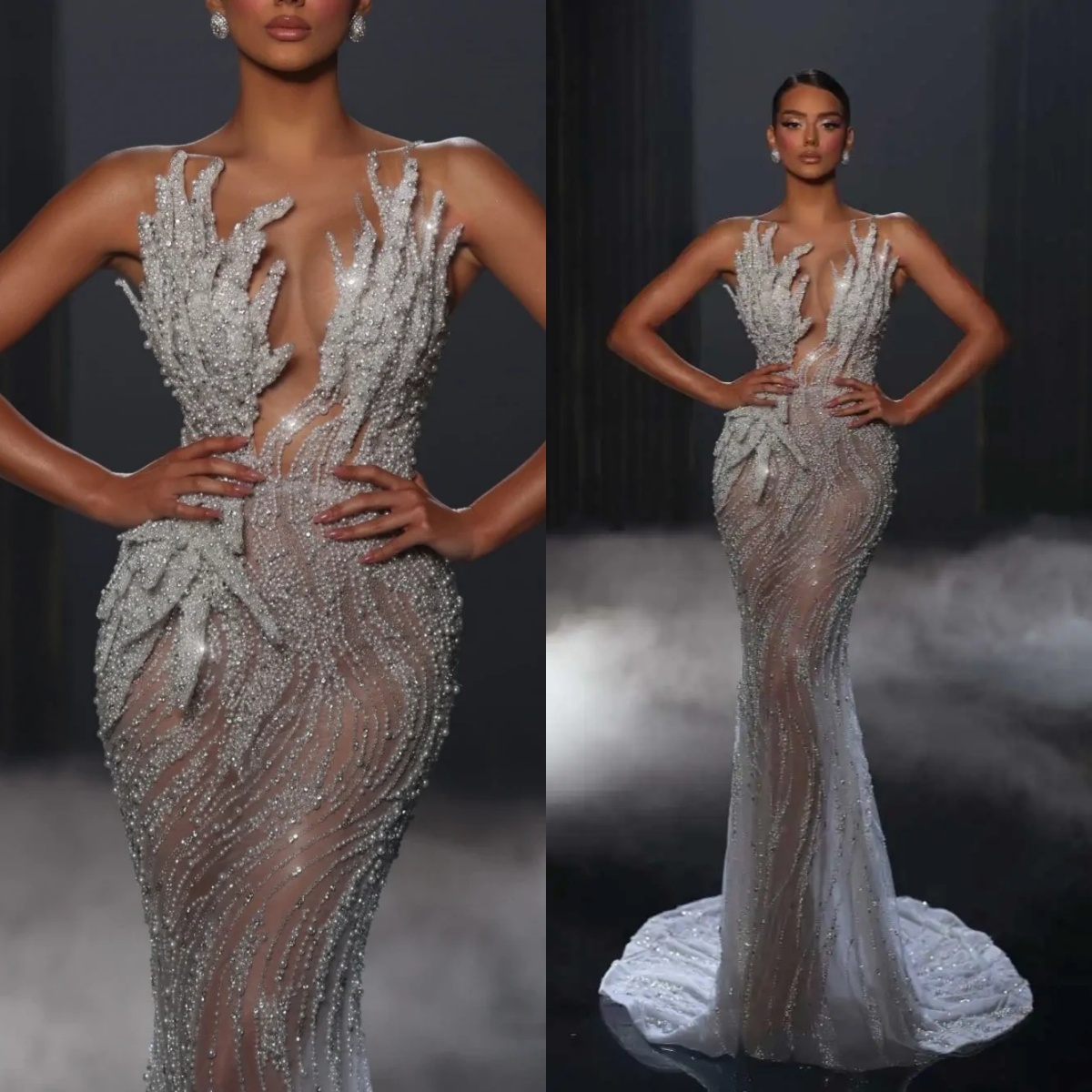 Sexy See Through Wedding Dresses Pearls Sequins Bridal Gowns Strapless Beading Mermaid Sleeveless Customized Vestidos De Novia Plus Size
