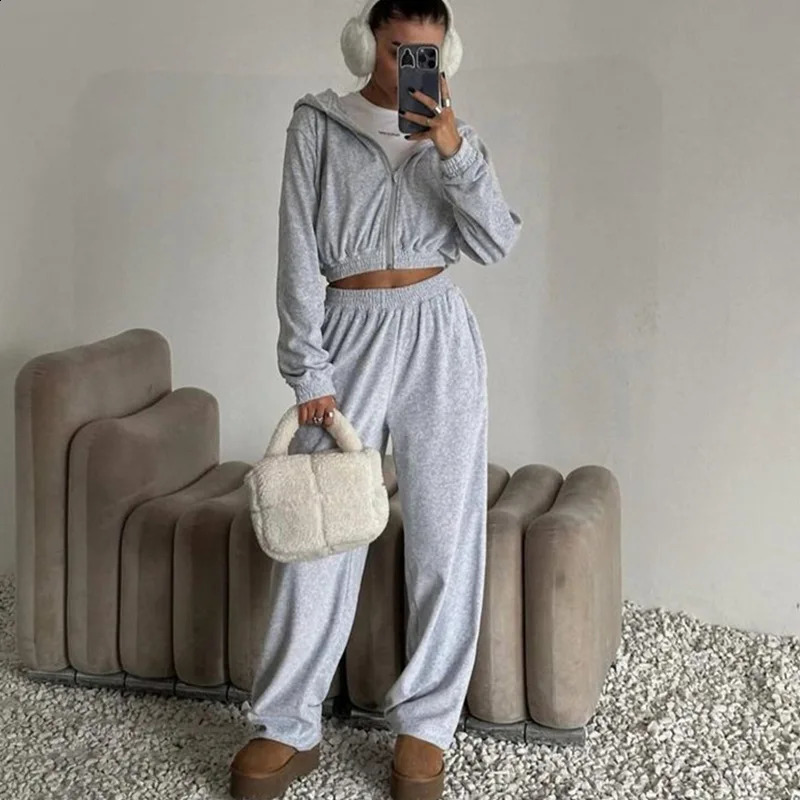 Womens Sved Hooded Cardigan Elastic Pants Two-Piece Set Faionable Spring Outfit Comfortable Stretchy Set High Waist Trousers250813