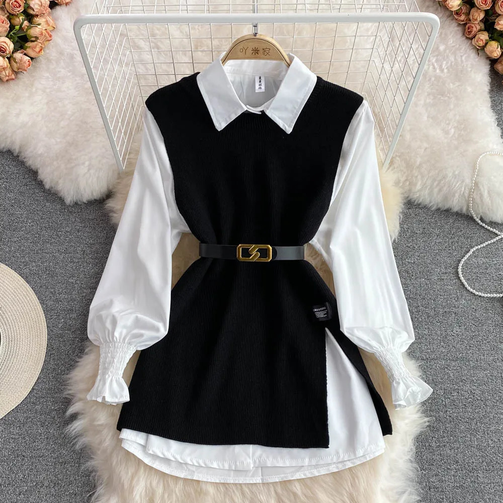 Spring Autumn Long Sleeve Set White Shirt for Women Clothing Contrast Color Loose Knitted Sweater Vest Twopiece 250814