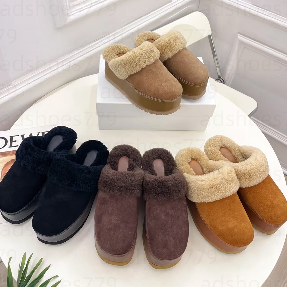 Women's Wool Platform slippers mule Cowhide suede Home Plush Slippers Luxury Designer Wool foot pads mules factory footwear 35-42 with box