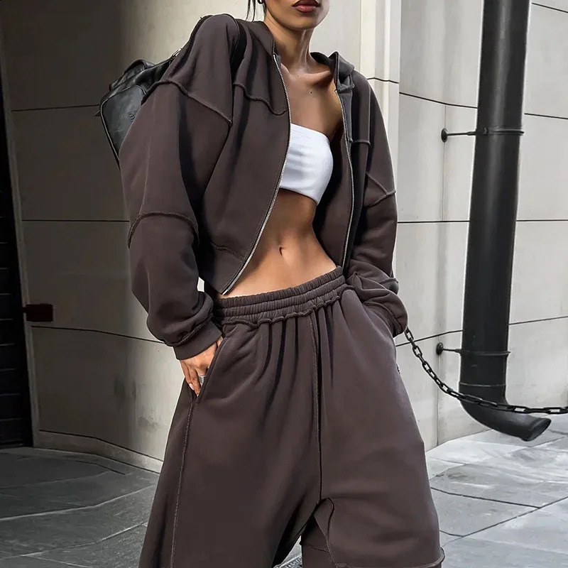 DRC Autumn Winter Outfits High Street Lady Brown Suit Zipper Full Sleeve HoodiesLow Waist Pants 2Pcs Tracksuit for Woman 250815