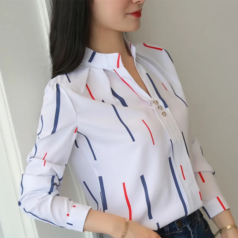 Stripe Women Blouse Fashion Standing Collar Womens Shirt Long Sleeved Shirts and Blouses Printing Ladies Tops Basic 250813