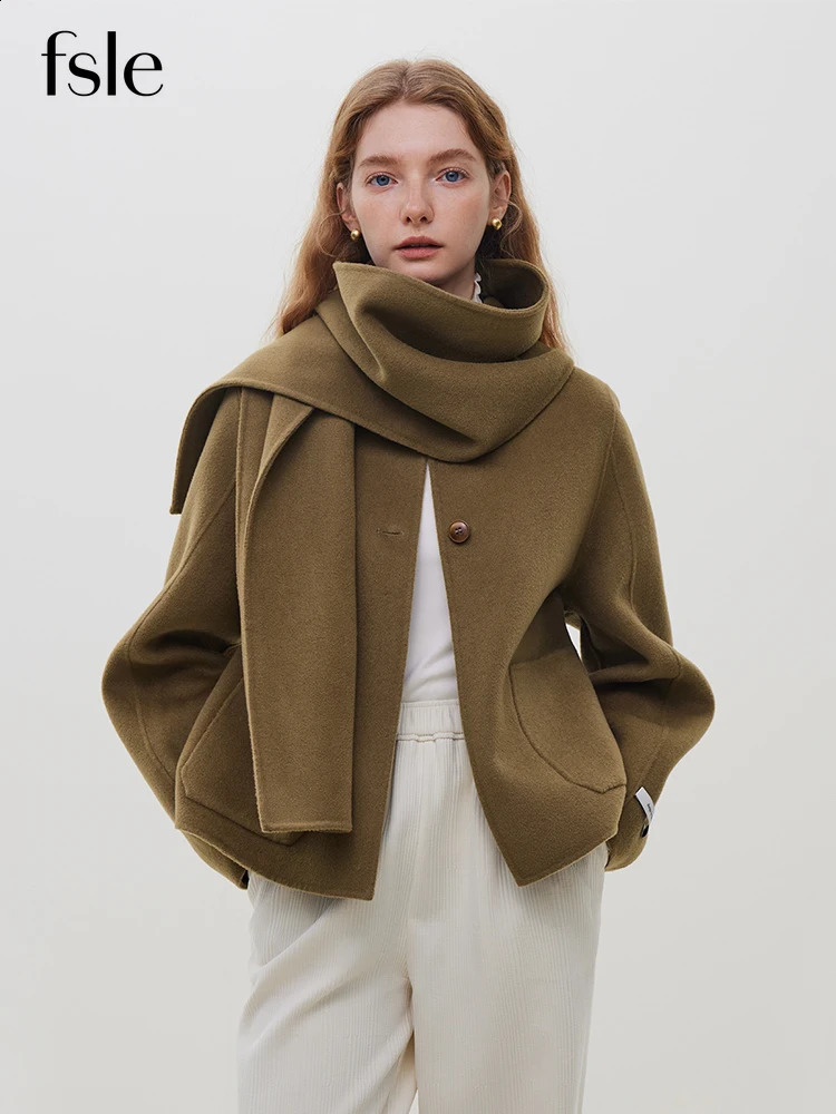 FSLE 100% Wool Camel Color Short Scarf Collar Coat For Women 893% 107% Lyocell Beige Round Neck Female Woolen Coats 250815