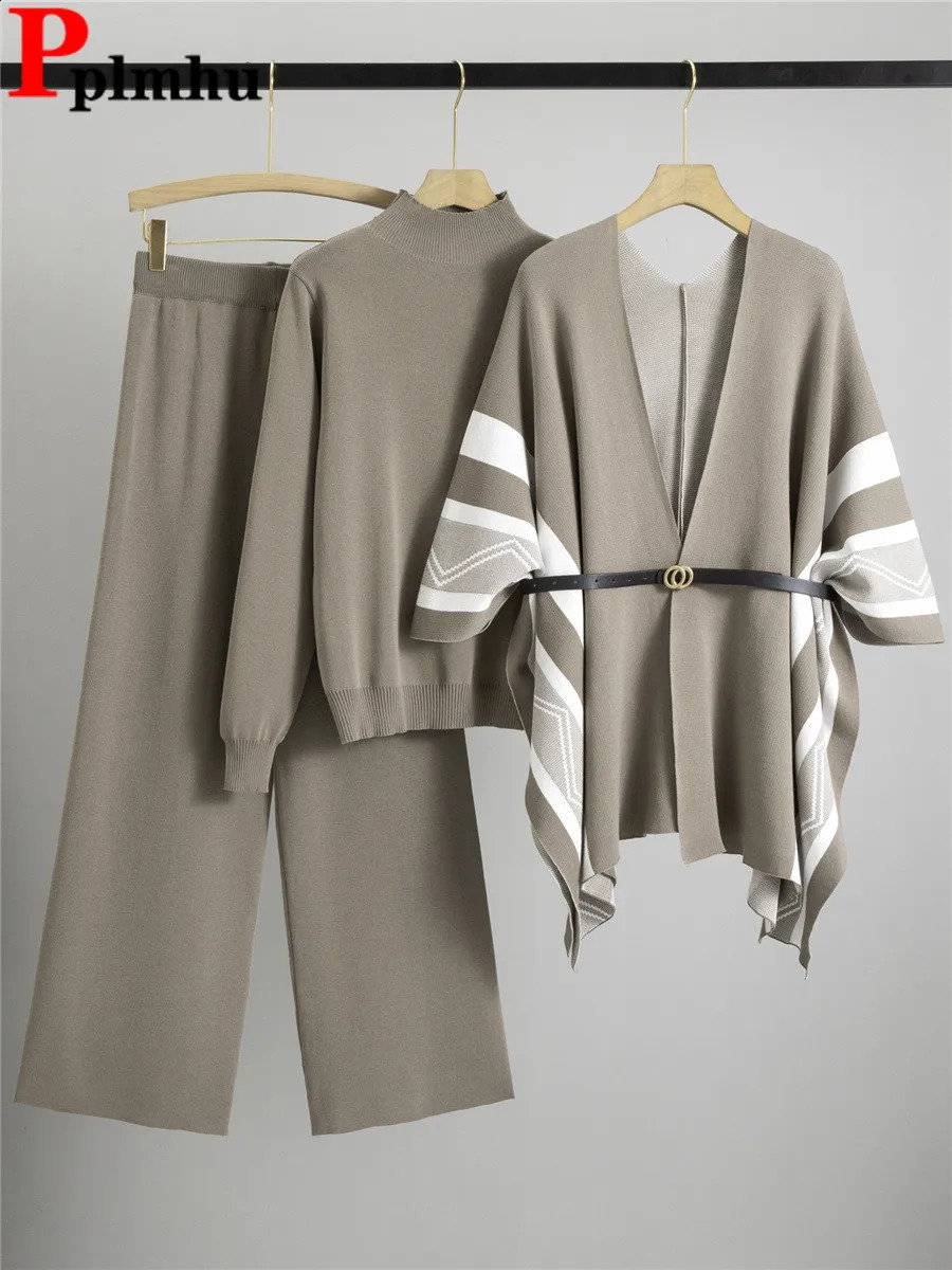 Korean Elegant Knitted 3 Piece Sets Women Sweater Pulloverchic Shawl Tops Conjuntos High Waist Wide Leg Pants Outfit 250815