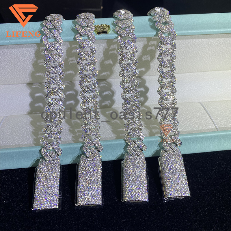 Hot Sale Miami Hip Hop 14mm 925 Sterling Silver Cuban Link Chain Bracelet VVS Moissanite Diamond Jewelry Perfect Gold Necklace