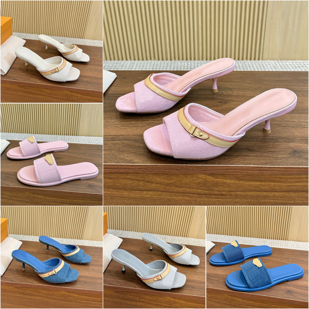 Light kitten heels sandles 6am mule pink denim sandals famous women 2025ss new designer slides mules top quality