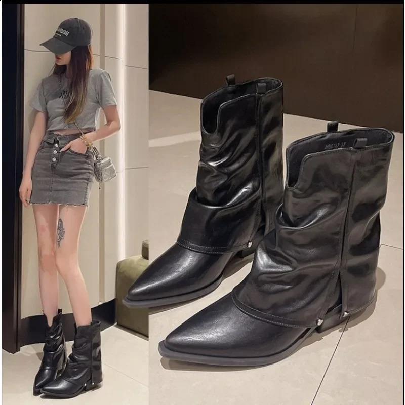 Pointed Toe Square Heels Winter High Botas Concise Office Ladies Shoes Pleated Silp-on Winter Boots 250814