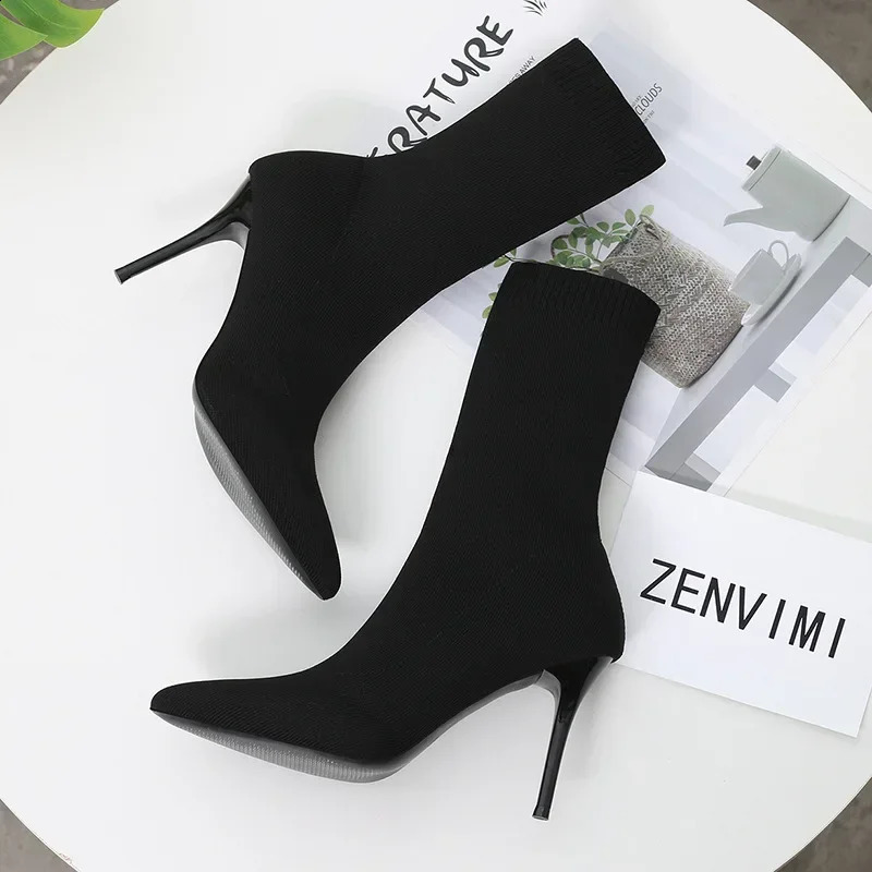 Bottes de chaussettes sexy tricoter les bottes extensibles talons hauts pour femmes chaussures de mode printemps d'automne bottines femelle 25081