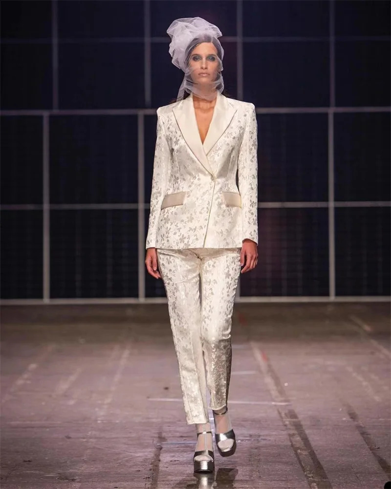 White Jacquard Women Suits Peaked Lapel Jacket Bridal Wedding Tuxedo Formal Party Evening Tailored Made Prom Dress 250811