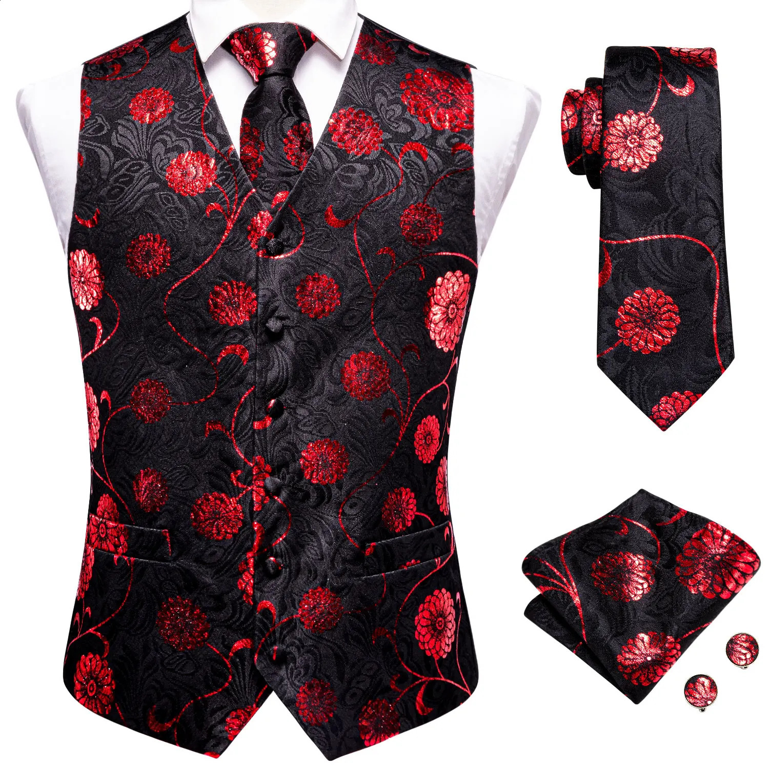 HiTie Silk Mens Vest Tie Hanky Cufflinks Set Jacquard Floral Paisley Waistcoat Sleeveless Jacket Necktie for Male Wedding Work 250805