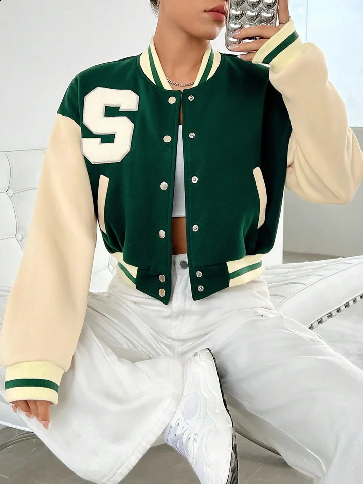 Spring and autumn short green baseball jacket casual versatile loose bean style coat 250815