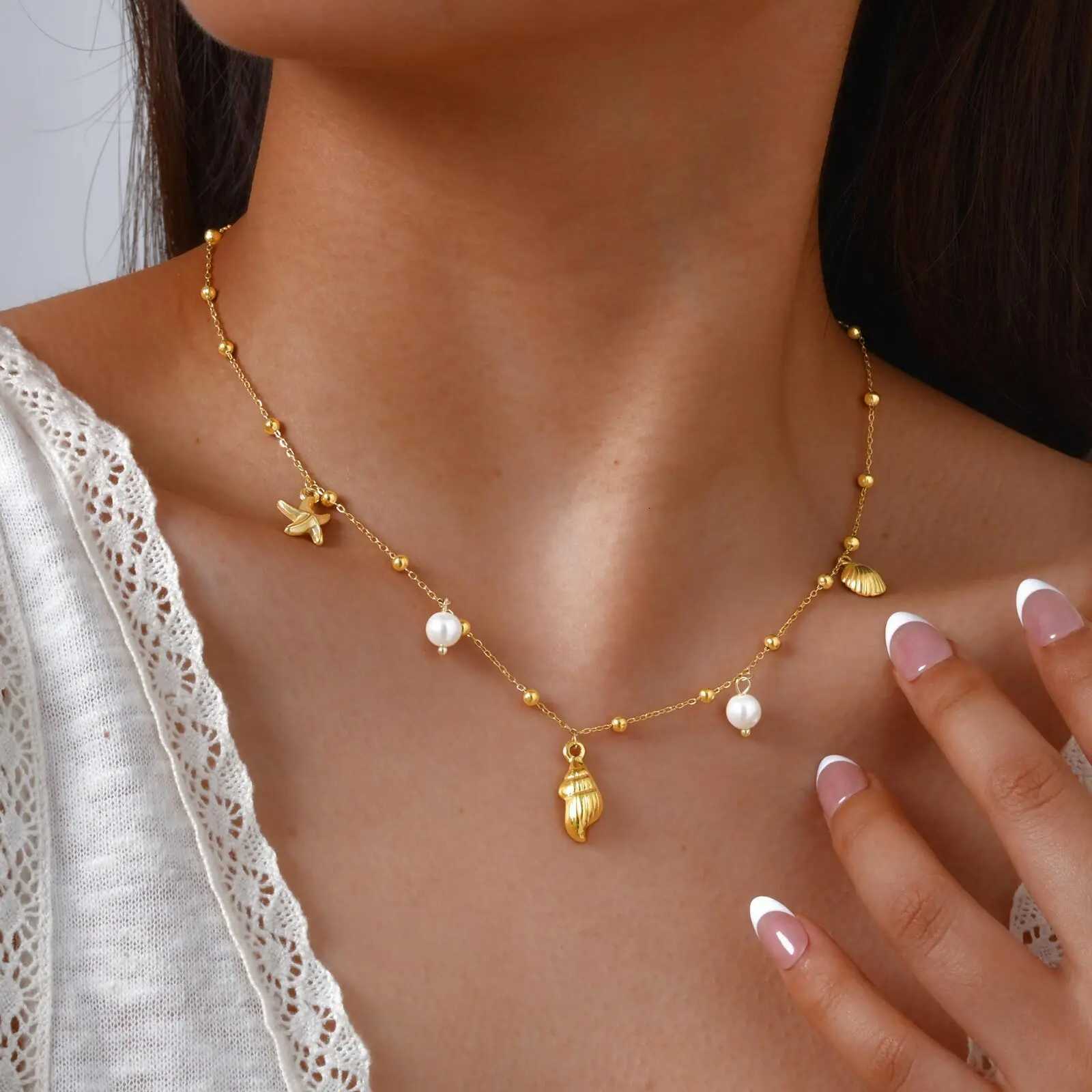 18k Gold Plated Pearl Shell Conch Starfish Summer Beach Necklace Charms Necklace for Women Stainless Steel Waterproof Jewelry XJ250816