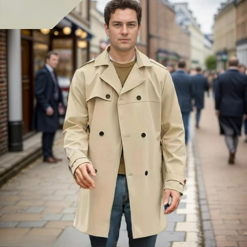 Autumn Winter Solidcolor European American Longsleeved Trench Coat Mens Lapel Slimfitting Doublebreasted Casual 250805