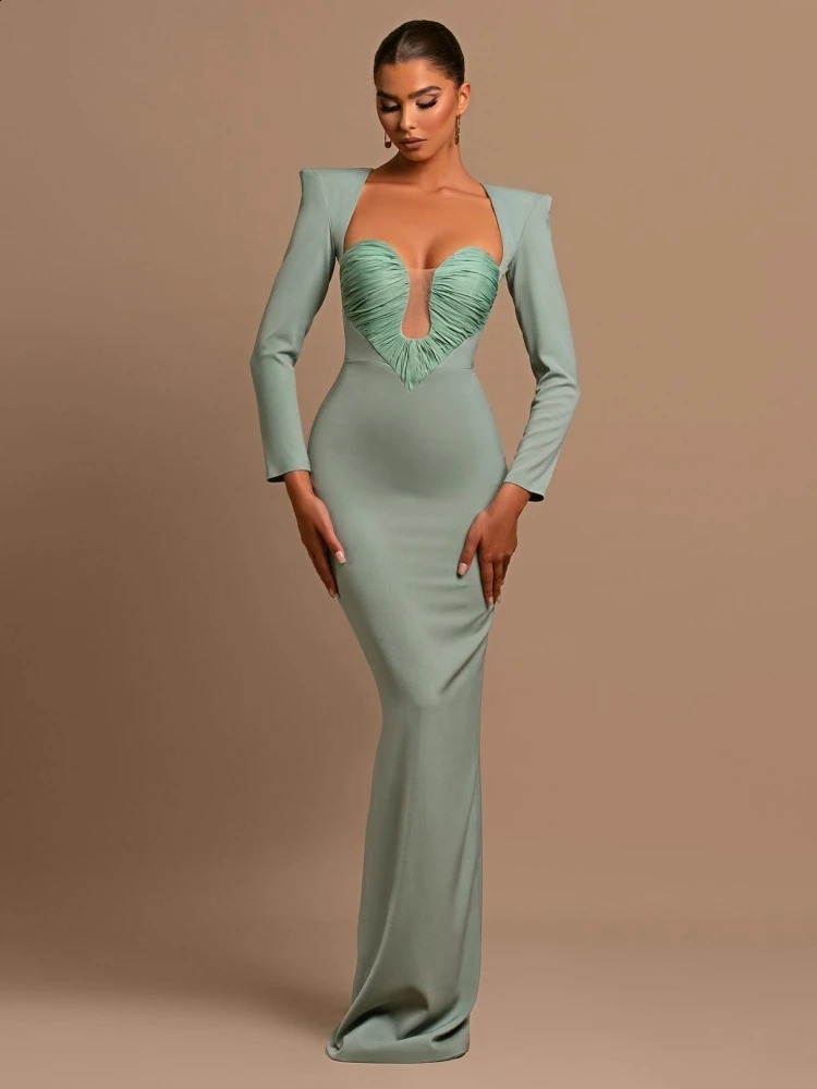 Sexy Low Cut Patchwork Folds n Long Dress Women Aquamarine Black Long Sleeve Hollow Out BodyconDresses Evening Party Gowns 250808