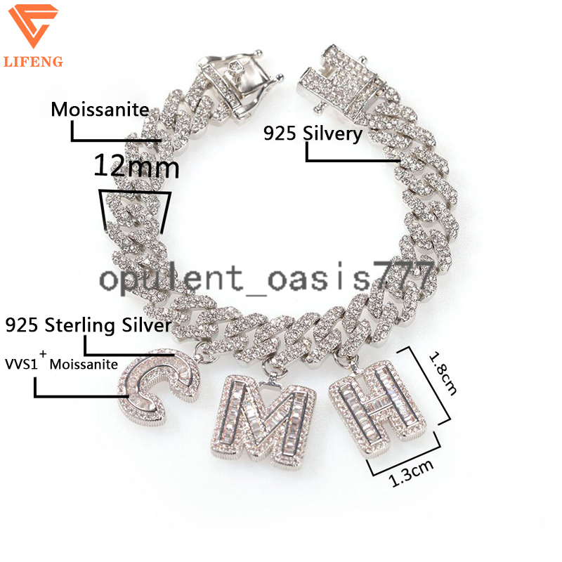 Custom Baguette Cut Letter Gold Plated 925 Sterling Silver Chain Cuban Link Bracelet With VVS Moissanite and Diamond for Men
