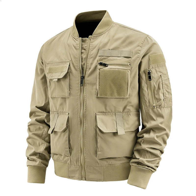 Mens Spring Autumn Outdoor Work Jackets Solim Mcolored Multi Pocket Baseball Jackets Stand Collar Coats Flight Jackets 250811