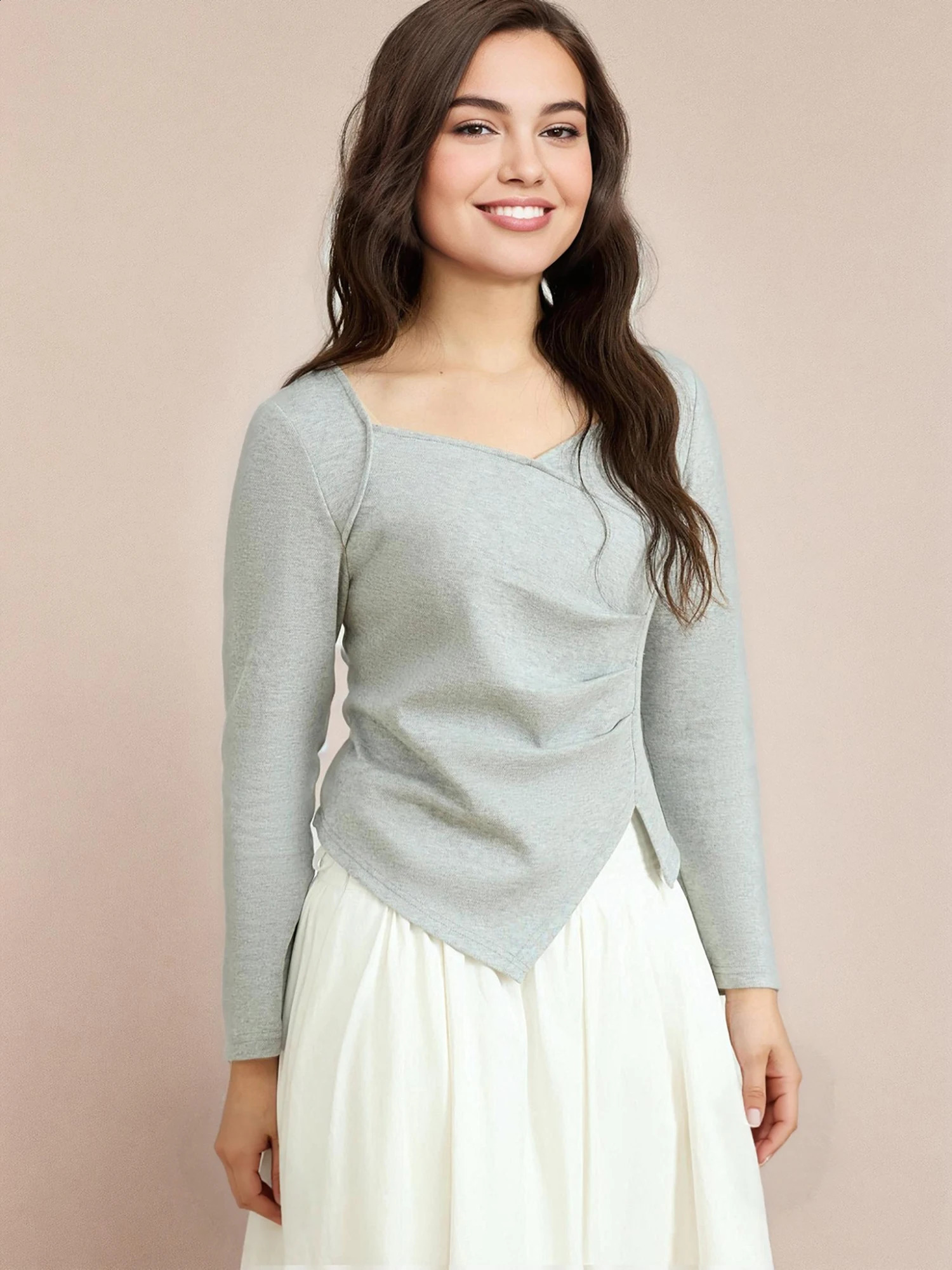 DUSHU Women Spring Long Sleeve Tops Female Slim Elasticity Pink Knitwear Casual Grey Long Sleeve T-Shirts 25DS81124 250811
