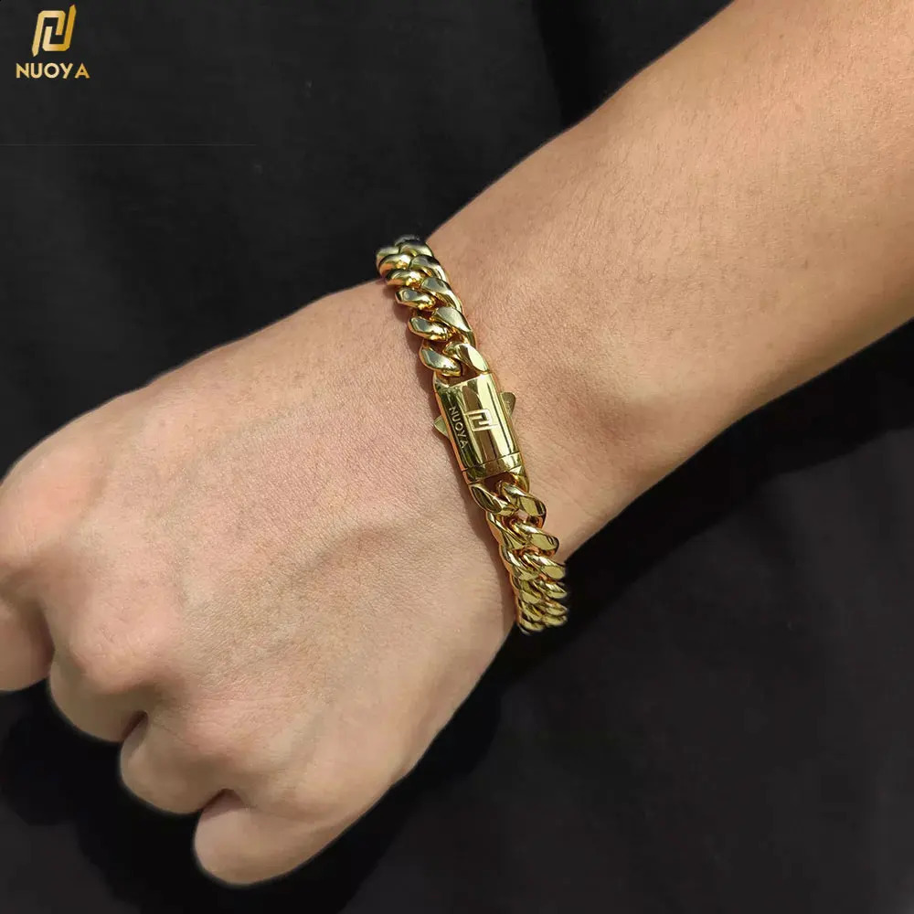Nuoya Free Custom Hip Hop Cuban Chain Bracelet Stainless Steel Men 18K Gold Plated Miami Cuban Link Bracelet Jewelry 250812