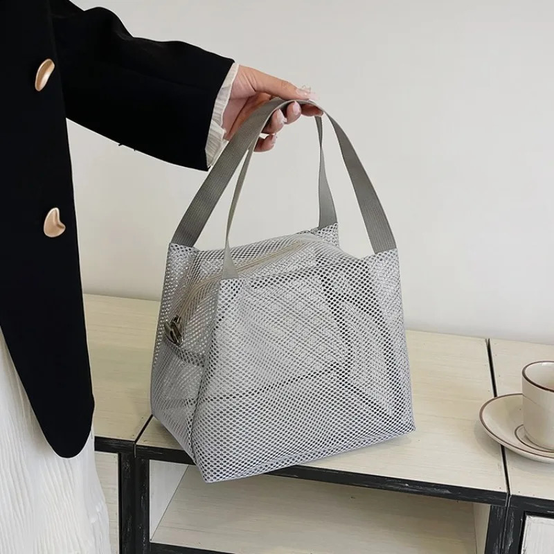 Sac en maille à fermeture éclair de grande capacité, sac à déjeuner, sac de lavage, sac de plage, sac de rangement Portable, sac de lavage de voy