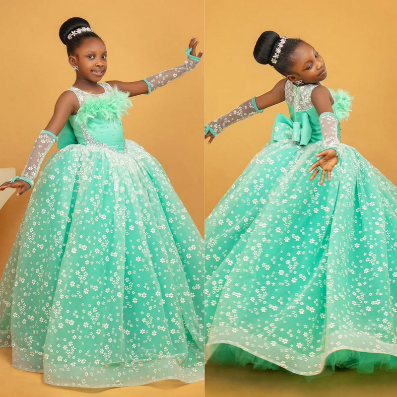 Menthe aso ebi aso ebi fleur fille robes enfants robe d'anniversaire chariot transparent couche à plumes en tulle mignon princesse reine robe de