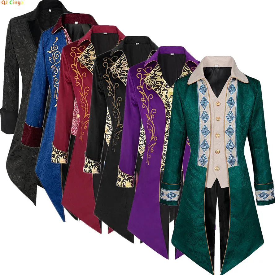 Medieval Mens Retro Long Jacket Red Stage Performance Tailcoat Purple Standup Collar Longsleeved Trench Coat 250814