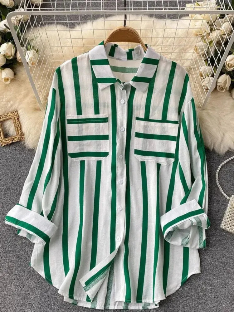 Spring Summer Striped Blouse Fashion Turndown Collar Long Sleeve Button Top Casual Shirt Female Holiday Loose Tops Shirts 250813