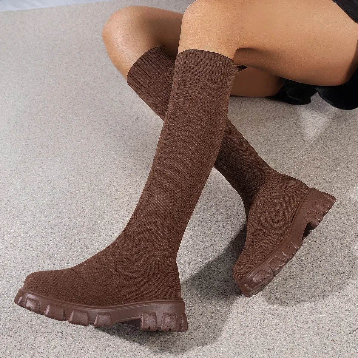 Thick Sole Knitted Long Boots for Women Fashion Elastic Socks Shoes Boots Over Knee Round Toe Low Heels Botas De Mujer 250815