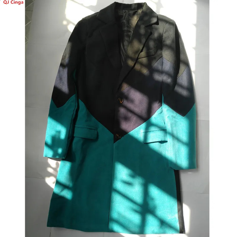 Winter Mens Long Sleeve Jacket Black Blue and Green Color Splicing Business Casual Trench Coat 250805