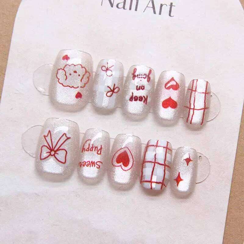 10 Pcs Women Sweet Cute Press on Kawaii Cat Bowknot Hearts Shape Cats Eye Nail Patches T Short False Nails X250816
