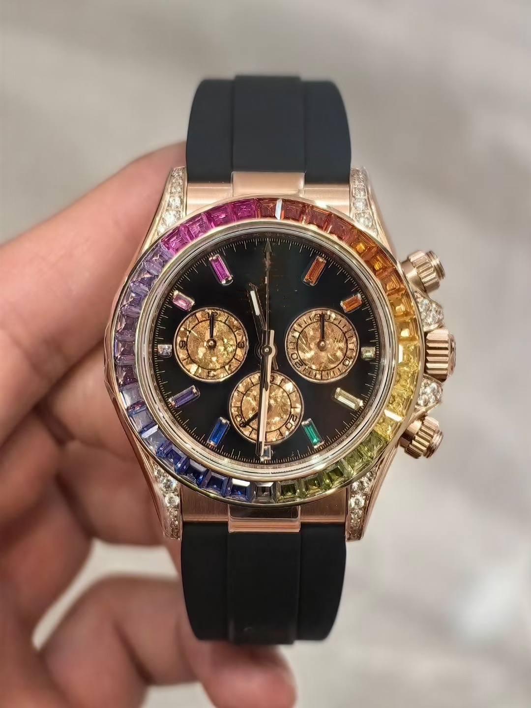 Super factory Men's watch Chronograph Work Automatic Mechanical 4130 movement Watches 40mm steel Colorful Rainbow Diamond Bezel sapphire waterp