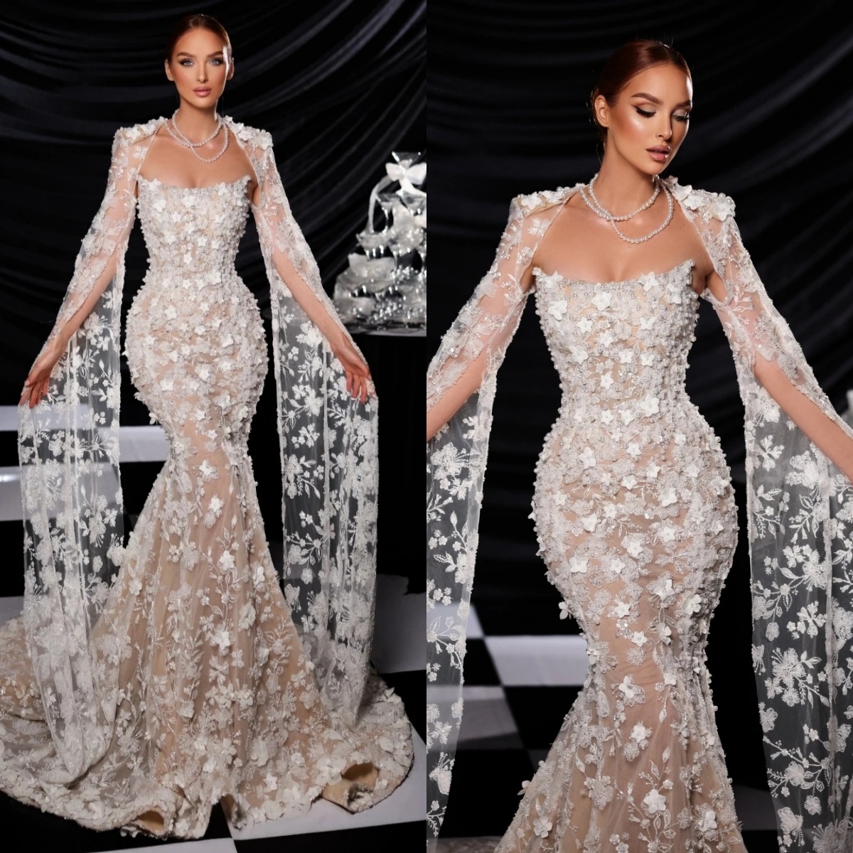 Fancy Wedding Dresses Strapless Sequin Bridal Gowns Pearls 3D Flowers Cape Sleeve Pearls Appliques Mermaid Customized Vestidos De Novia Plus Size