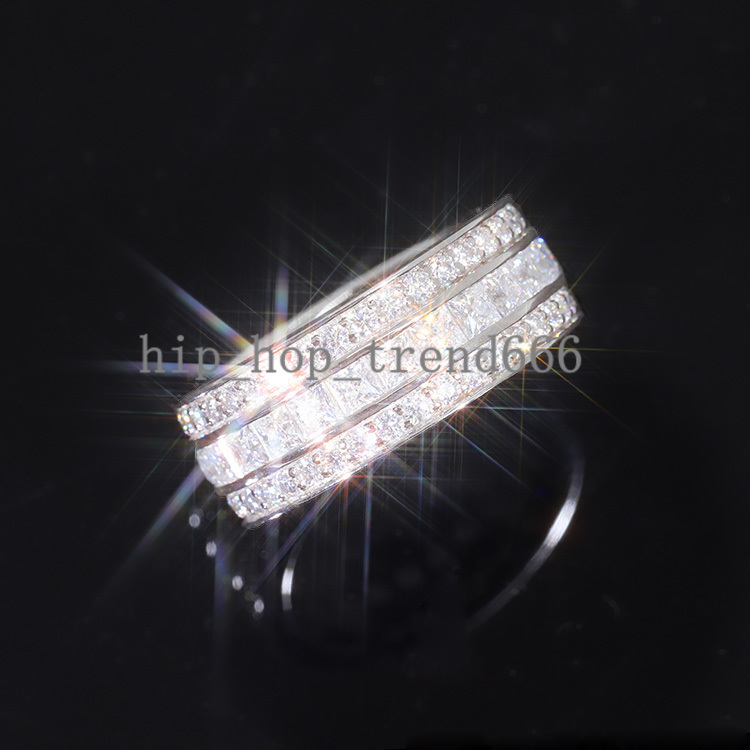 Professional Custom Jewelry 3 Rows Round Moissanite S925 Silver Plated 18k White Gold Engagement Rings for Women Men Daily