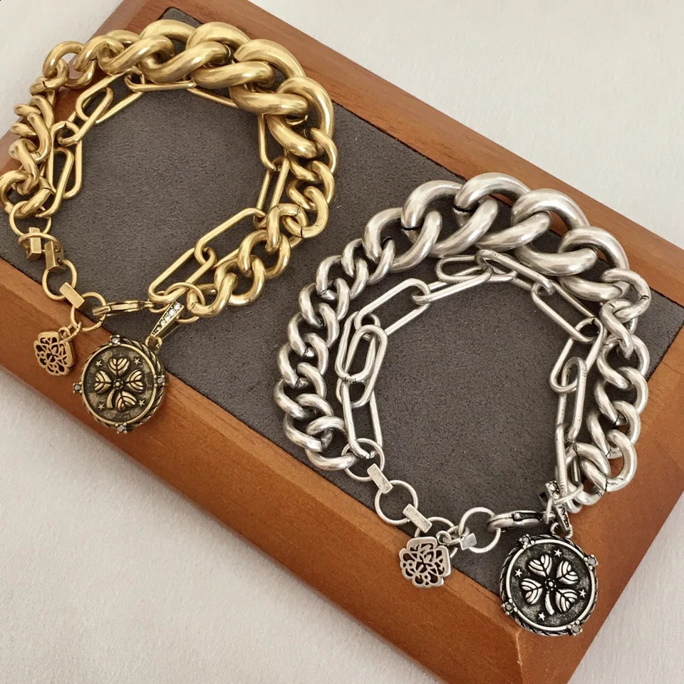 Dark punk four-leaf clover double-layer stainless steel Unisex Y2K bracelet 250812