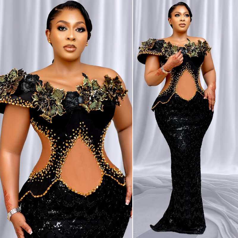 Plus taille noire aso ebi robes de promo robes de soirée pour femmes noires 3d fleurs une épaule en dentelle de dentelle